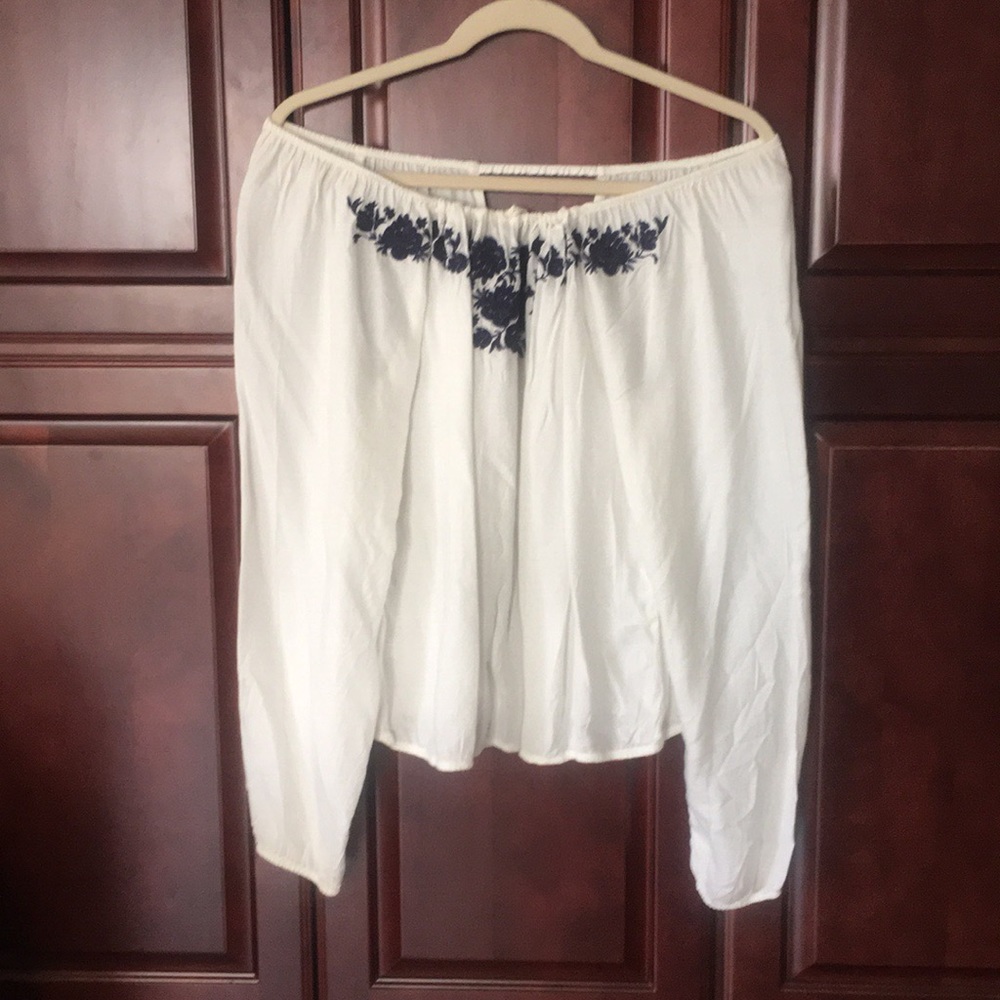 off the shoulder floral embroidered shirt